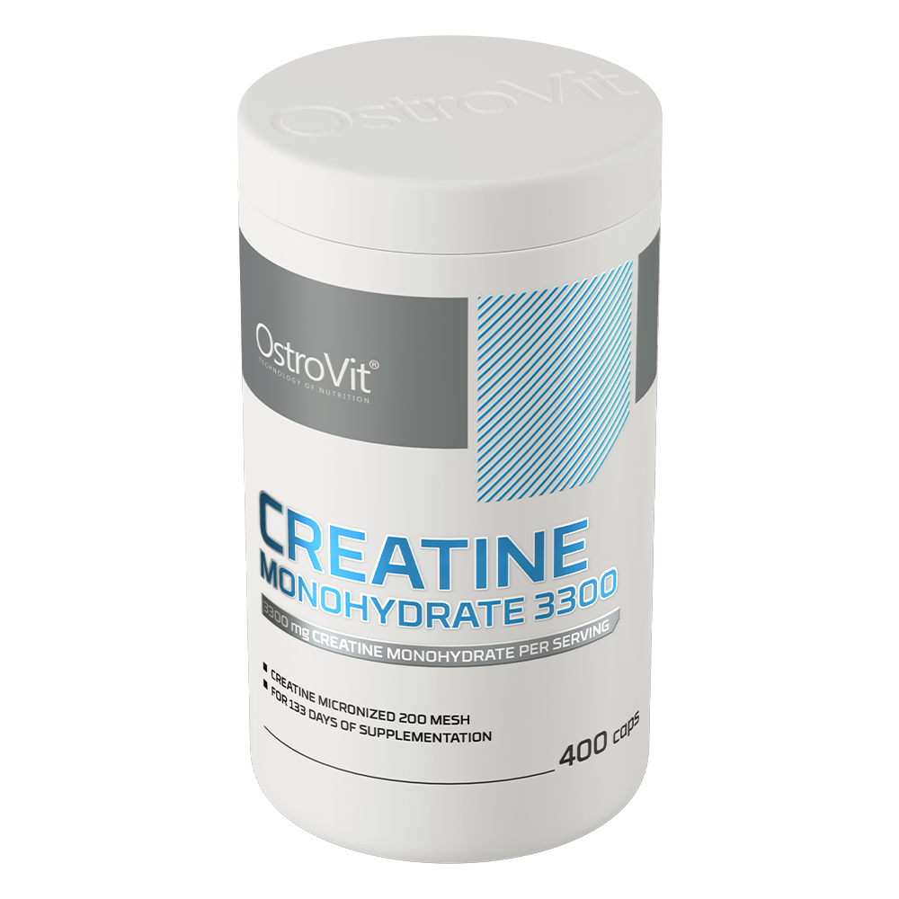 OstroVit Kreatin-monohidrát 3300 mg, 400 kapszula, Creatine Monohydrate, hátoldali címke és termékinformációk