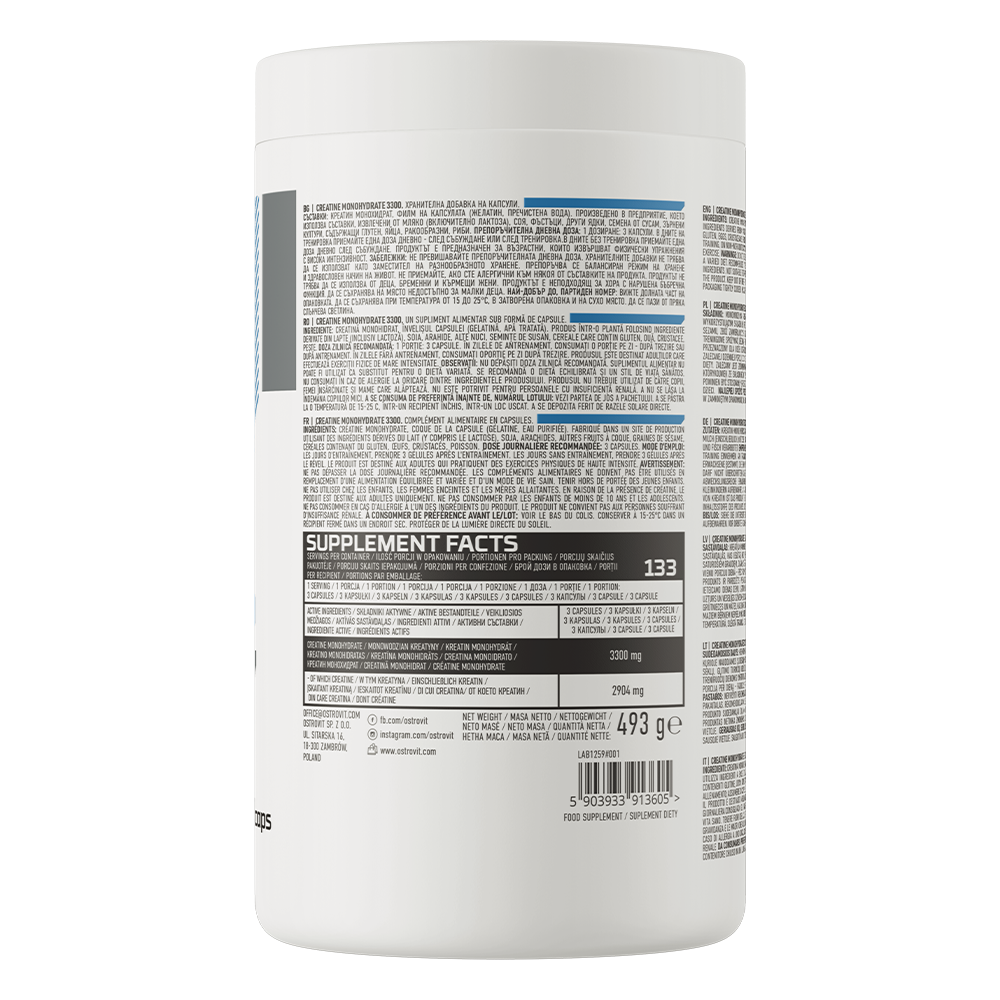 OstroVit Kreatin-monohidrát 3300 mg, 400 kapszula, Creatine Monohydrate, összetevők és adagolási információk