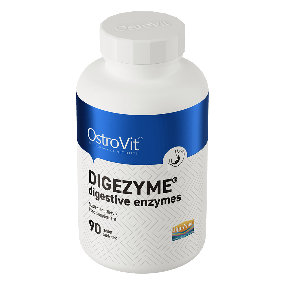 OstroVit Digezyme emésztőenzim, 90 tabletta, Digestive Enzyme Complex, hátoldali címke és termékinformációk
