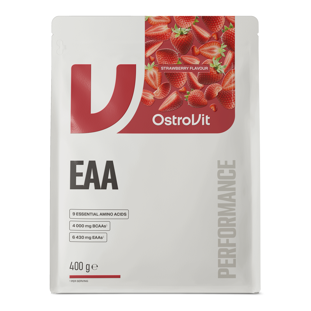 OstroVit – EAA – Esszenciális aminosav por – Eper ízű – 400 g – elülső címke