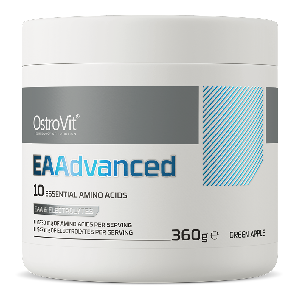 OstroVit EAA + elektrolit por, Zöldalma ízű, 360 g, EAAdvanced, elülső csomagolás