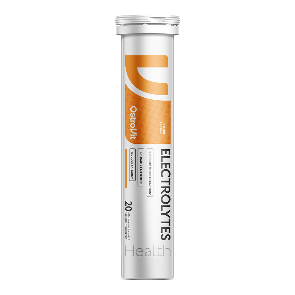 OstroVit Electrolytes elektrolit pezsgőtabletta, narancs ízű, 20 tabletta, tubus elölnézet