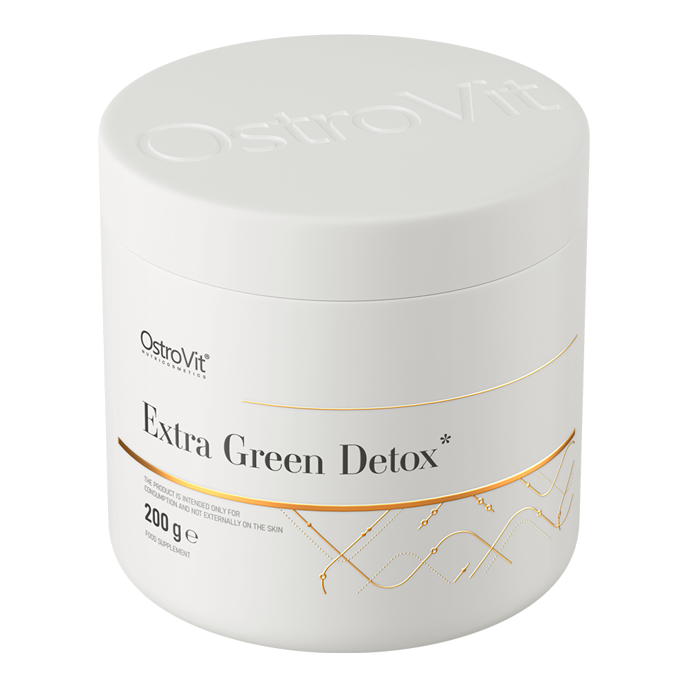 OstroVit Zöld superfood por, 200 g, Extra Green Detox, hátoldali címke és termékinformációk