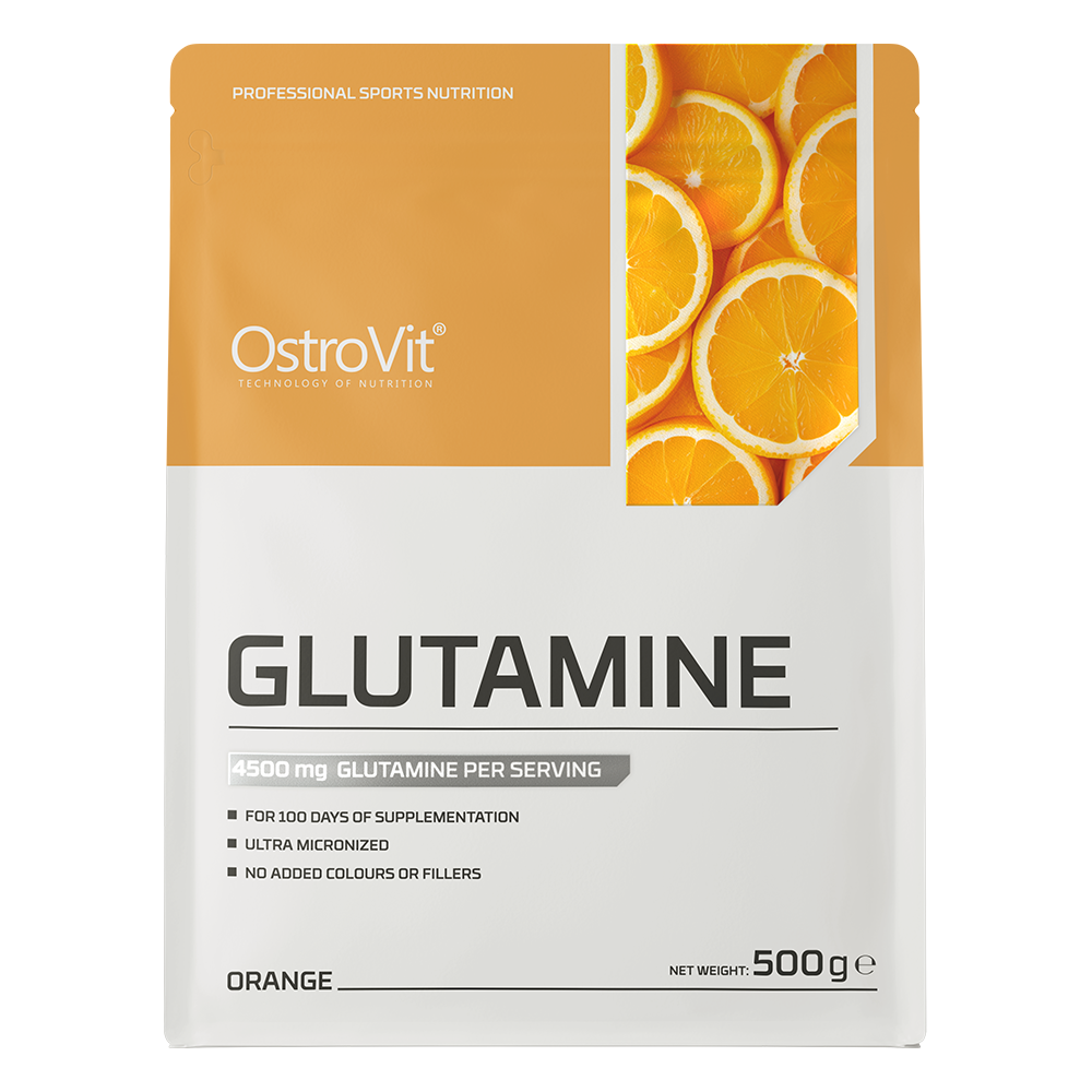 OstroVit L-glutamin por, Narancs, 500 g, L-Glutamine, hátoldali címke és termékinformációk