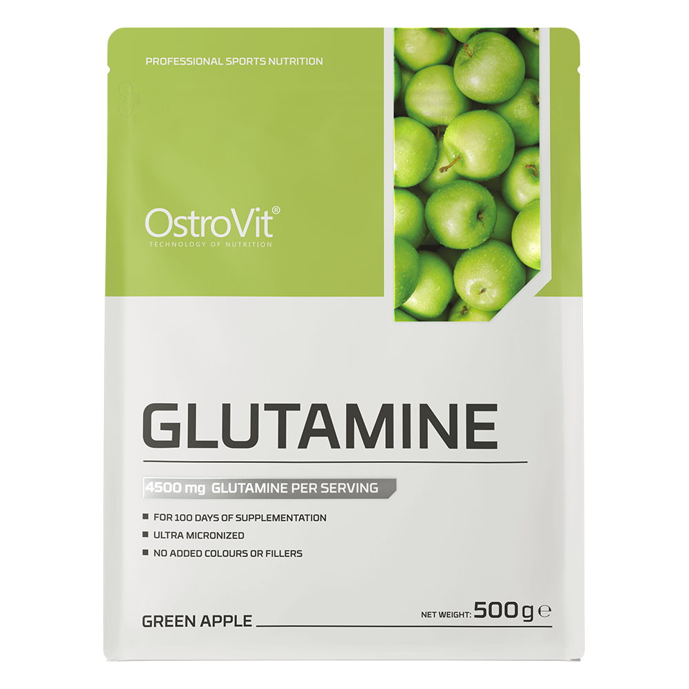 OstroVit L-glutamin por, Zöld alma, 500 g, L-Glutamine, hátoldali címke és termékinformációk
