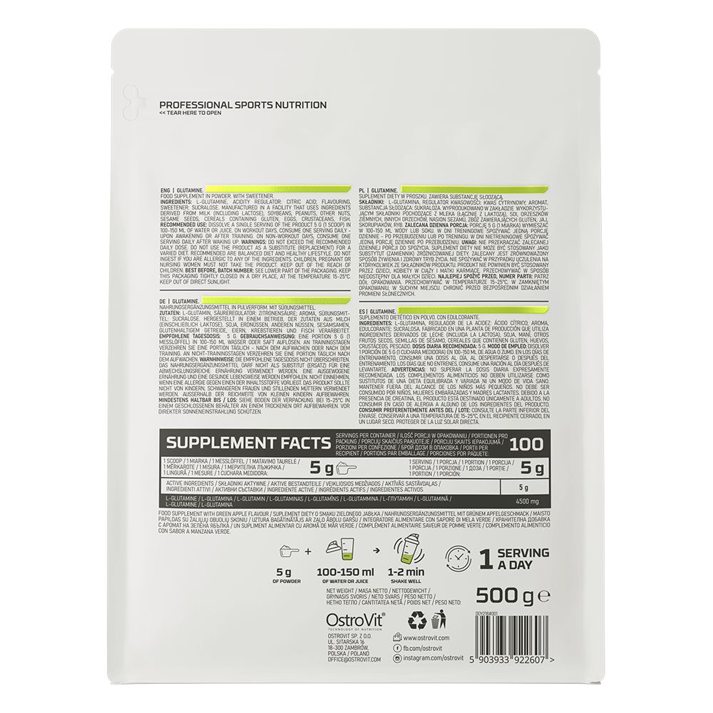 OstroVit L-glutamin por, Zöld alma, 500 g, L-Glutamine, összetevők és adagolási információk