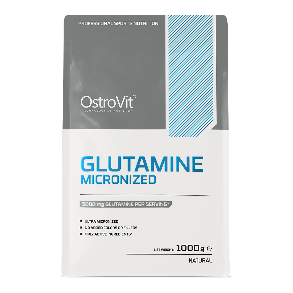 OstroVit L-glutamin por, Ízesítetlen, 1000 g, L-Glutamine, hátoldali címke és termékinformációk