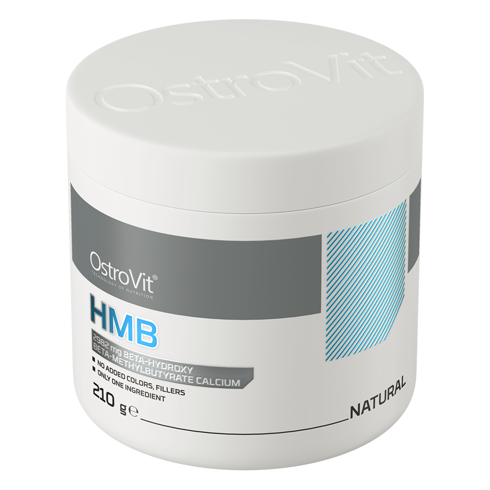 OstroVit HMB por, 210 g, Beta-Hydroxy-Beta-Methylbutyrate, hátoldali címke és termékinformációk