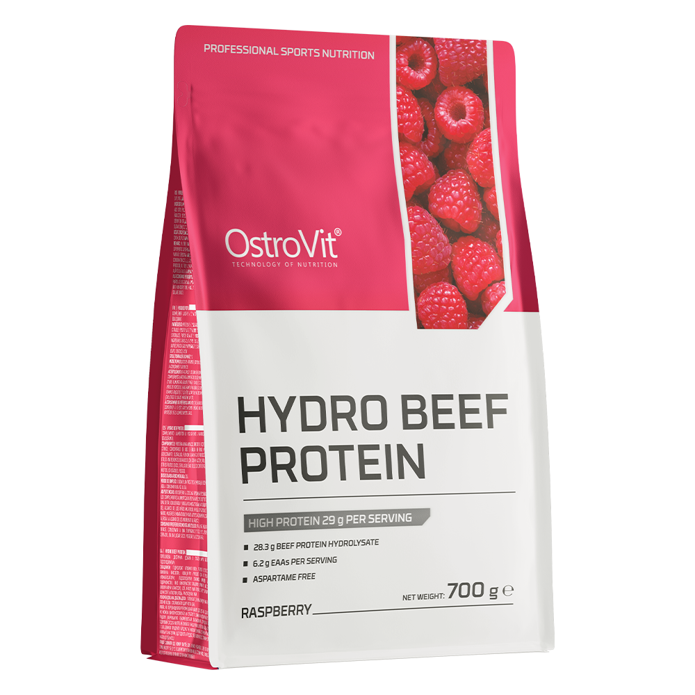 OstroVit Hidrolizált marhafehérje por, 700 g, Hydro Beef Protein, Málna ízű változat, elülső csomagolás