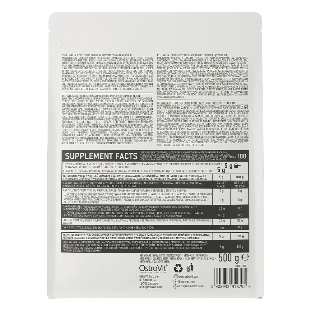 OstroVit Inulin por cikória, 500 g, Inulin Chicory Fiber, hátoldali címke és termékinformációk