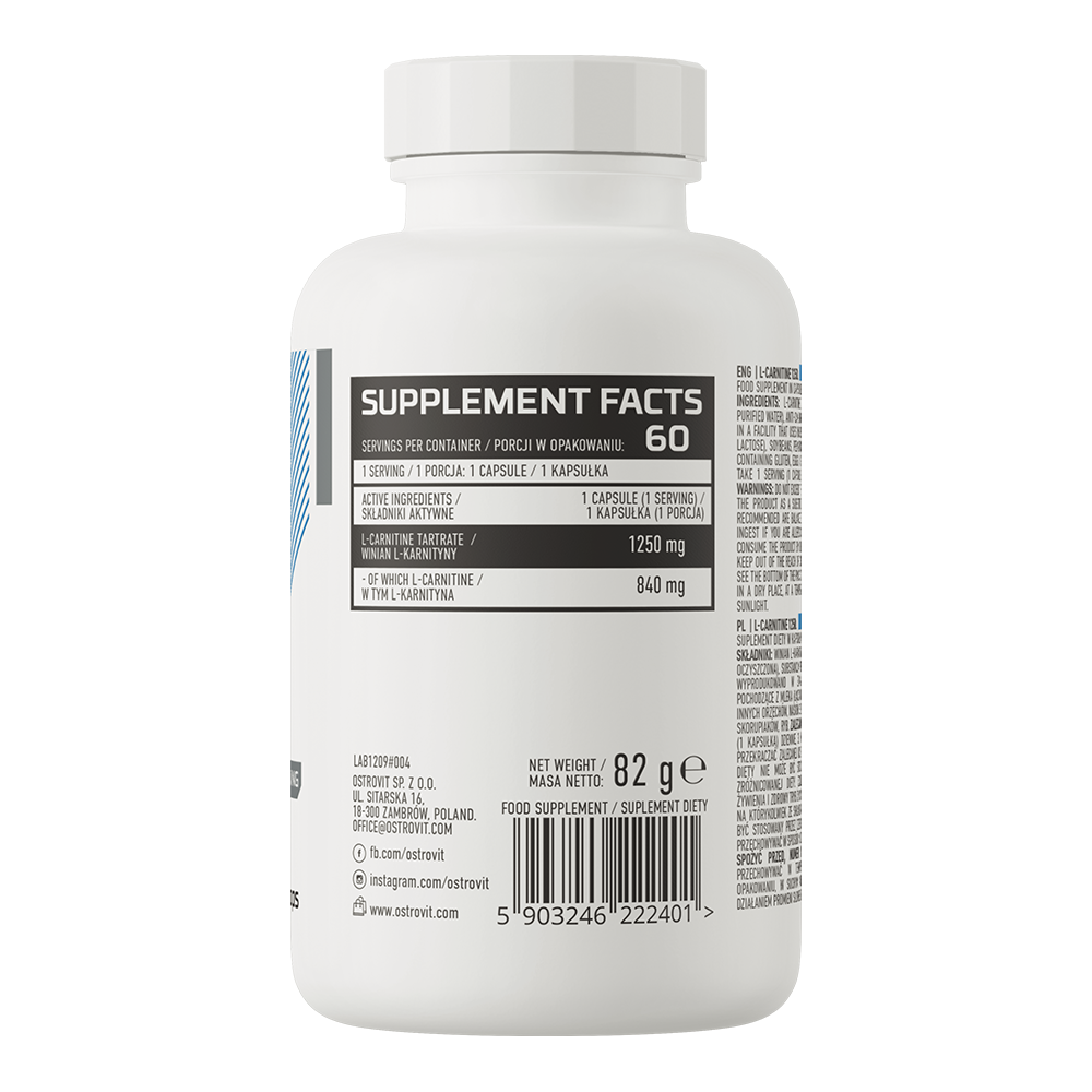 OstroVit L-karnitin 1250 mg, 60 kapszula, L-Carnitine, összetevők és adagolási információk