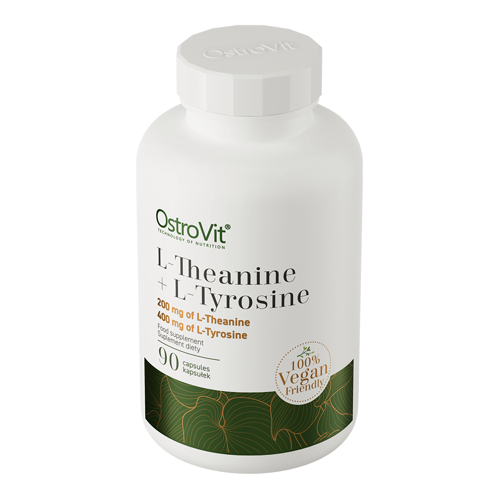 OstroVit L-teanin + L-tirozin, 90 kapszula, L-Theanine + L-Tyrosine, hátoldali címke és termékinformációk