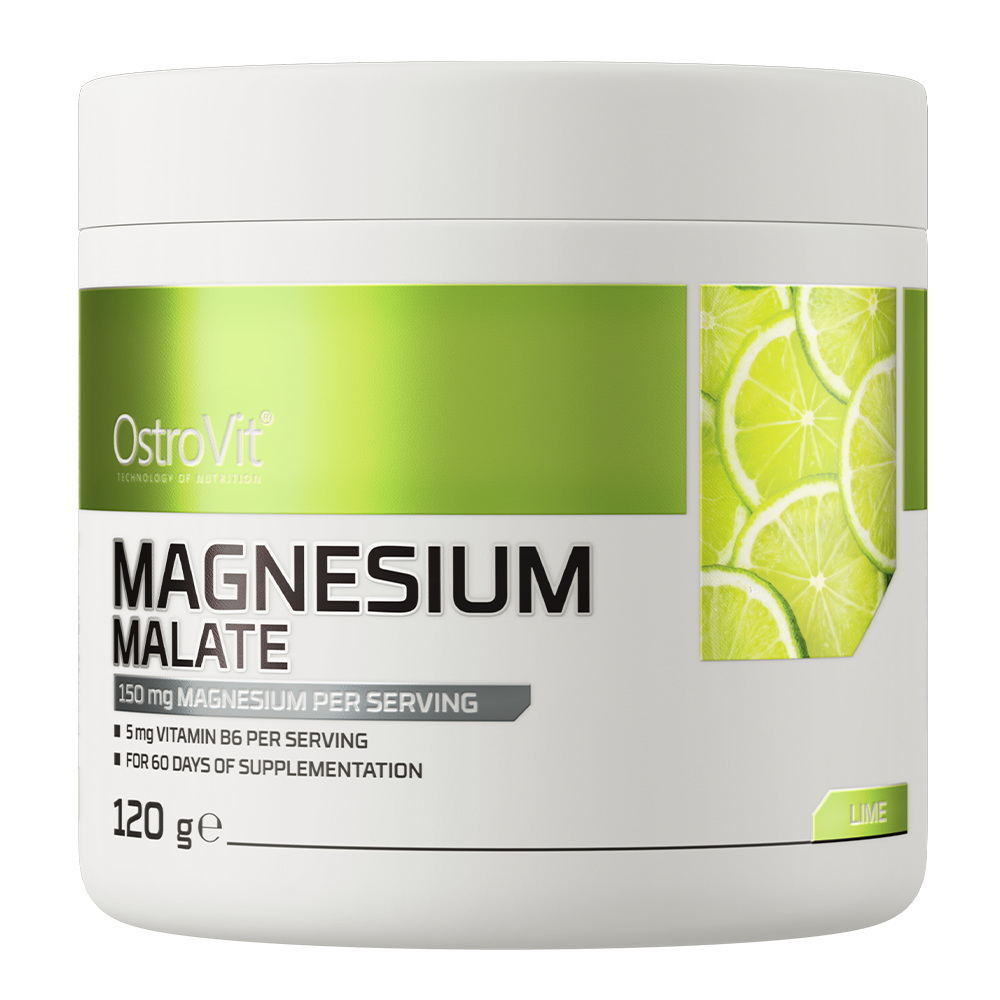 OstroVit Magnézium-malát por, Lime ízű, 120 g, Magnesium Malate, elülső csomagolás