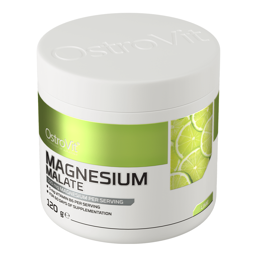 OstroVit Magnézium-malát por, Lime ízű, 120 g, Magnesium Malate, hátoldali címke és termékinformációk