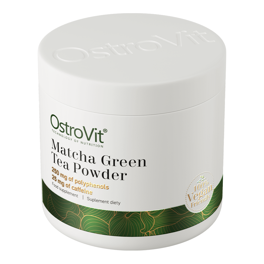 OstroVit Matcha zöld tea por, 100 g, Matcha Green Tea, hátoldali címke és termékinformációk