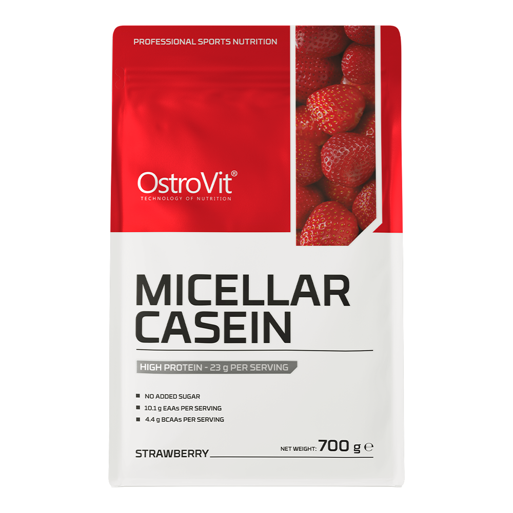 OstroVit Micellar Casein micelláris kazein, 700 g, eper változat, elülső csomagolás