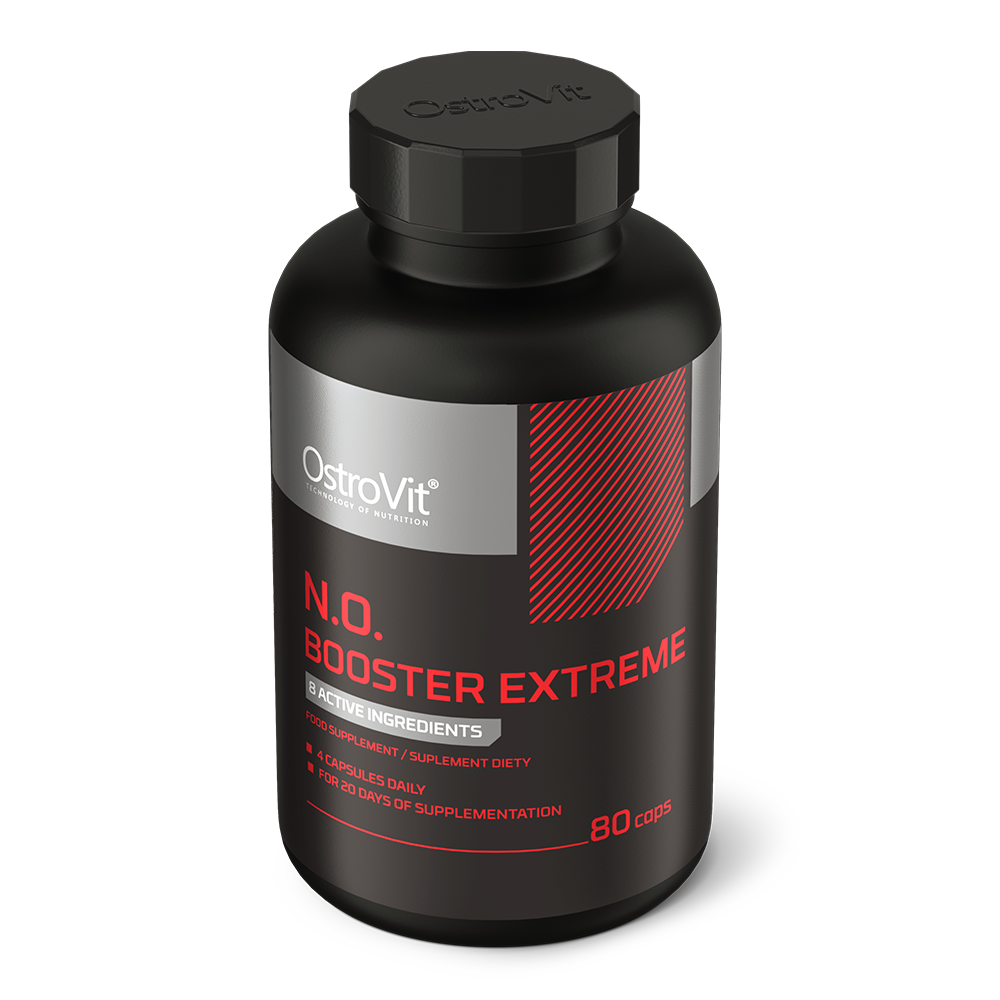 OstroVit N.O. Booster Extreme, 80 kapszula, Pre-Workout Complex, hátoldali címke és termékinformációk