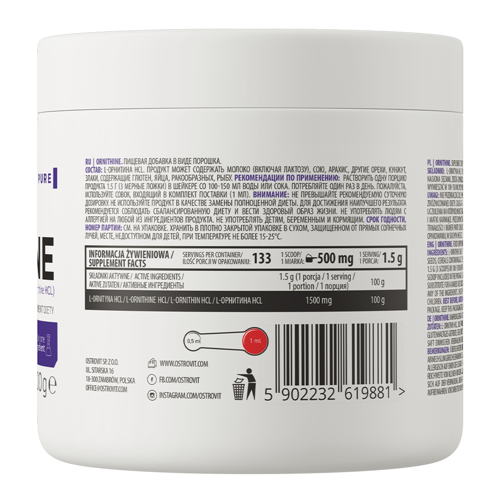OstroVit L-ornitin por, 200 g, Ornithine, összetevők és adagolási információk