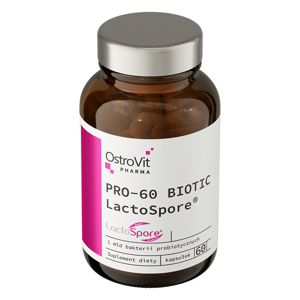 OstroVit Pharma Probiotikum LactoSpore, 60 kapszula, PRO-60 BIOTIC, hátoldali címke és termékinformációk