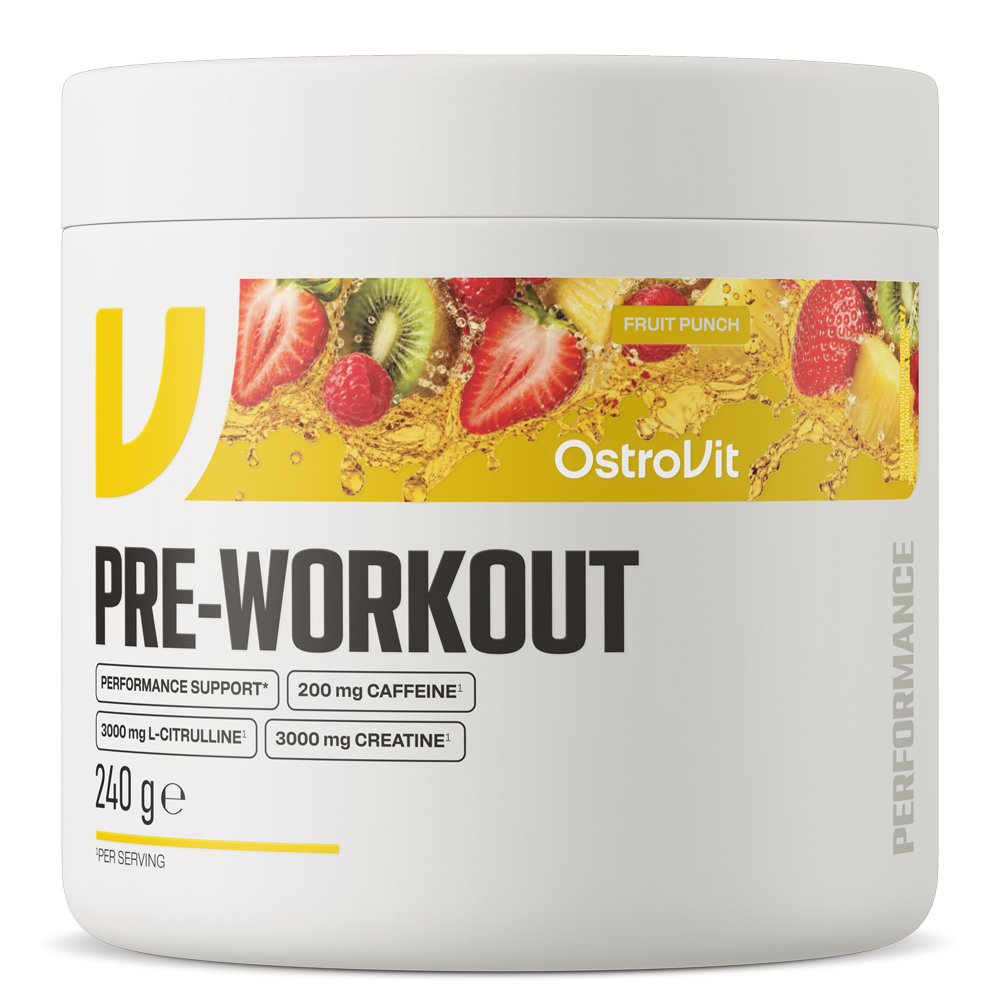 OstroVit Pre-Workout edzés előtti italpor, 240 g, Fruit Punch ízű, elülső csomagolás