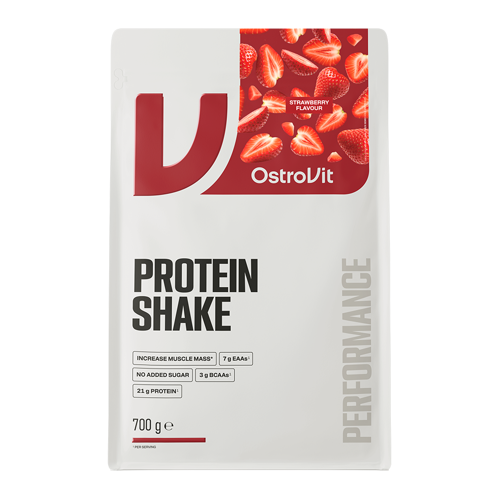 OstroVit Protein Shake fehérjepor, Eper ízű, 700 g, hátoldali címke és termékinformációk