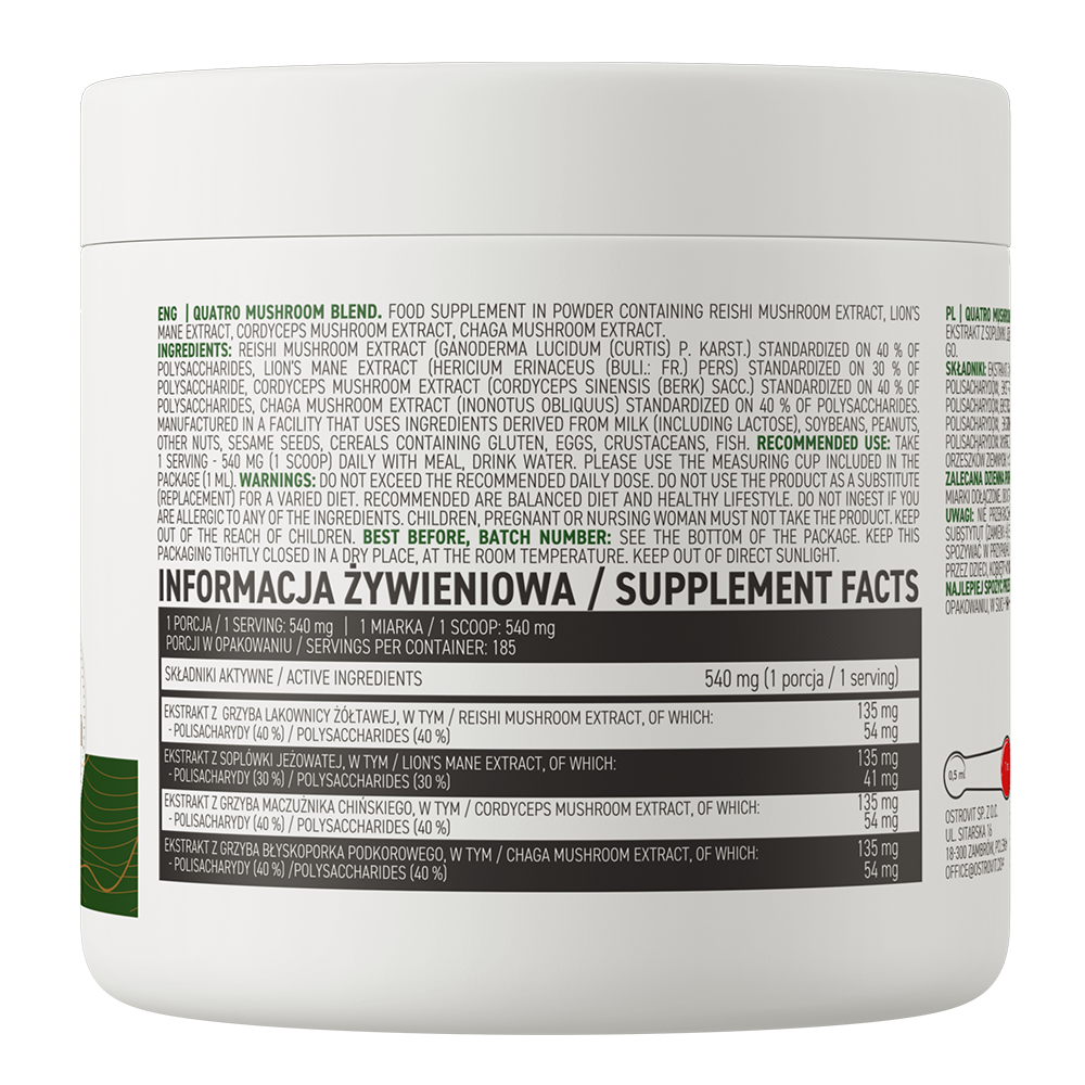 OstroVit Gyógygomba komplex por, 100 g, Quatro Mushroom Blend, összetevők és adagolási információk