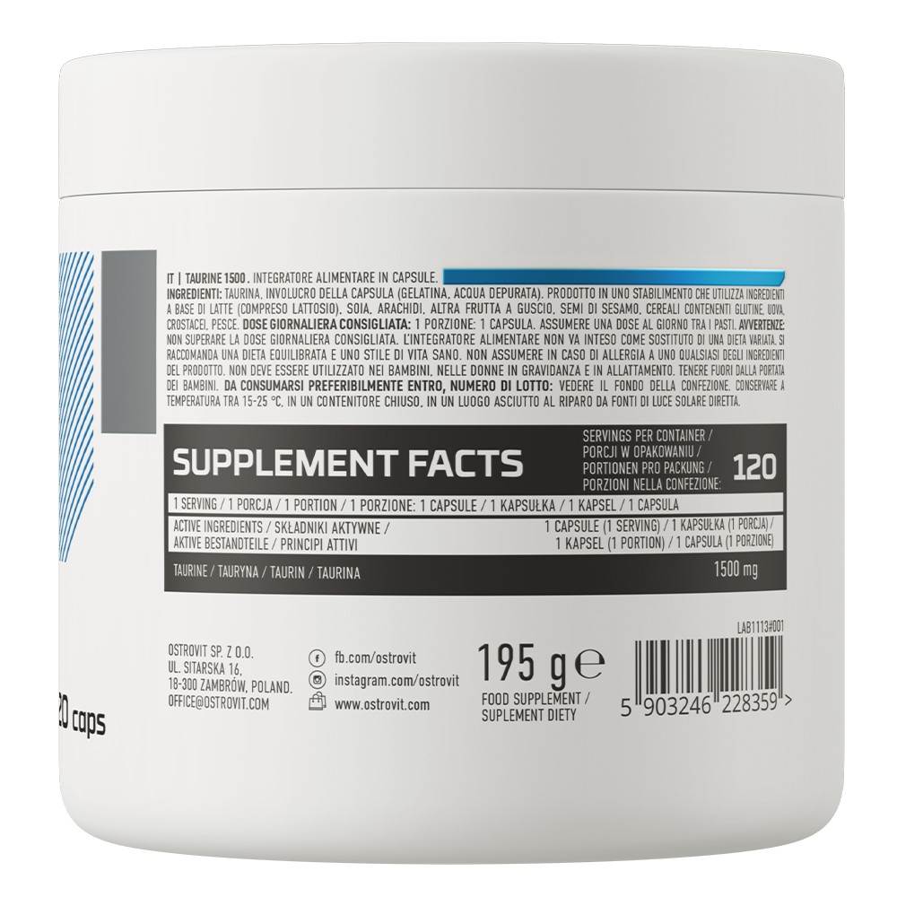 OstroVit Taurin 1500 mg, 120 kapszula, Taurine, összetevők és adagolási információk