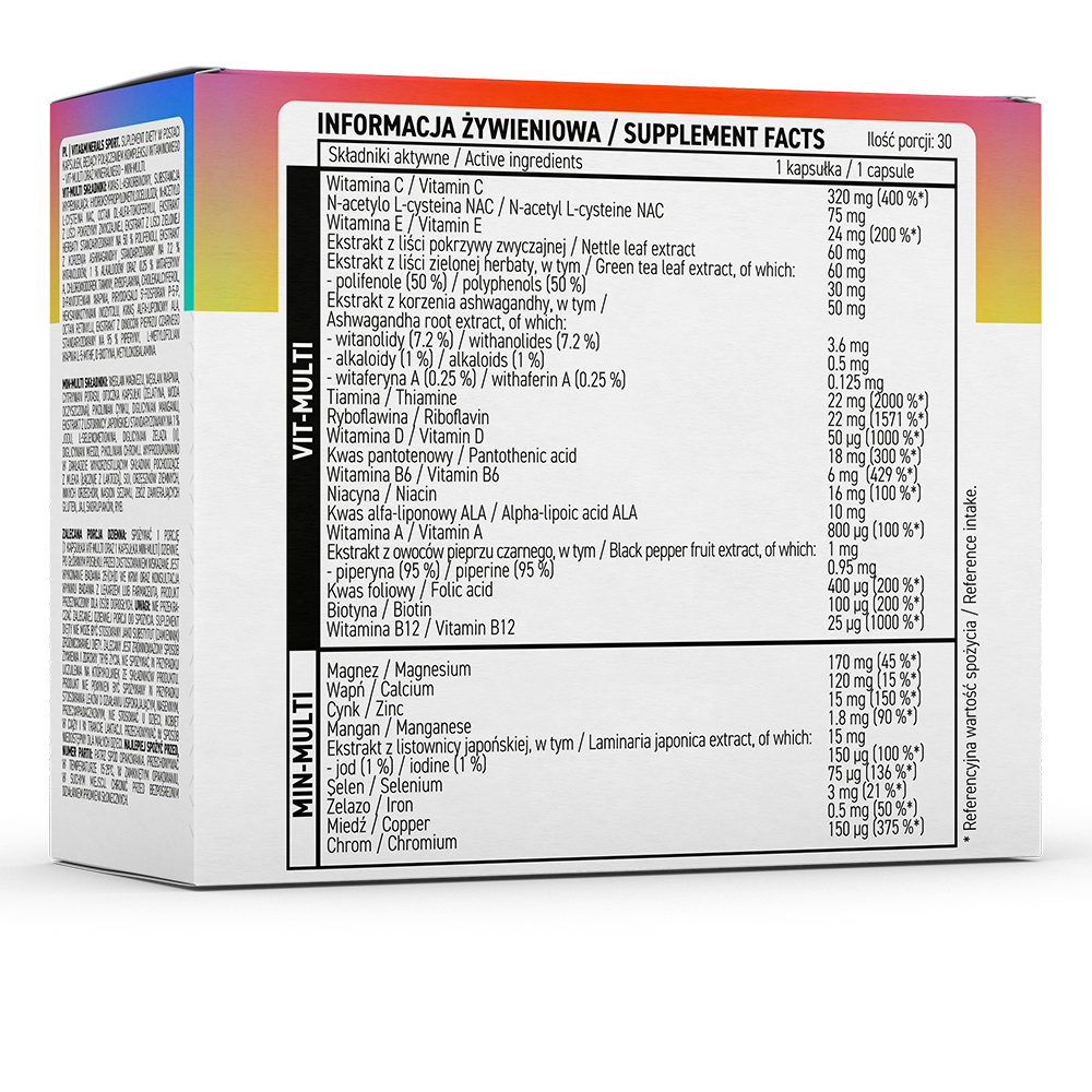 OstroVit Multivitamin Sport, 60 kapszula, VITA&MINERALS, hátoldali címke és termékinformációk