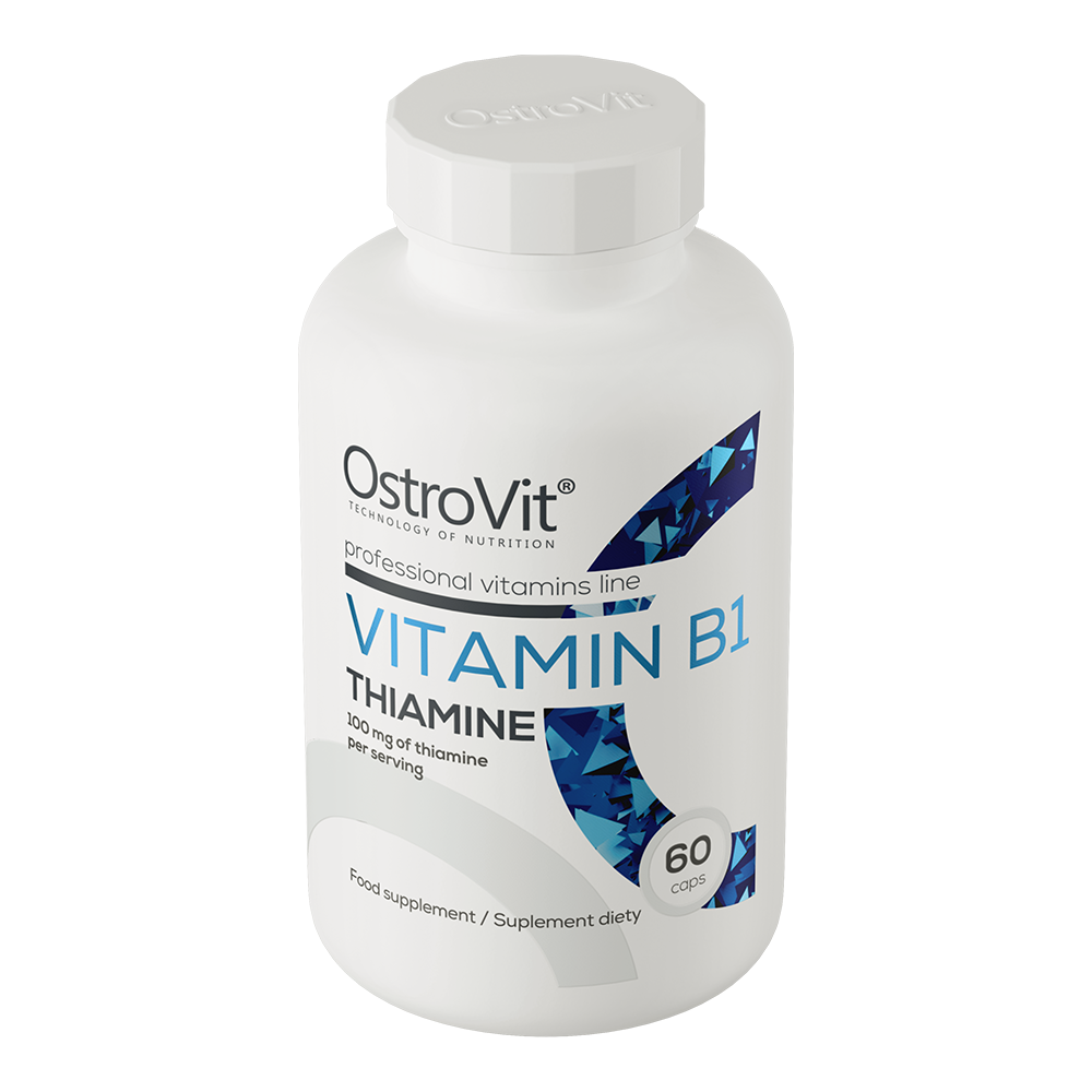 OstroVit B1-vitamin tiamin 100 mg, 60 kapszula, Vitamin B1 Thiamine, hátoldali címke és termékinformációk