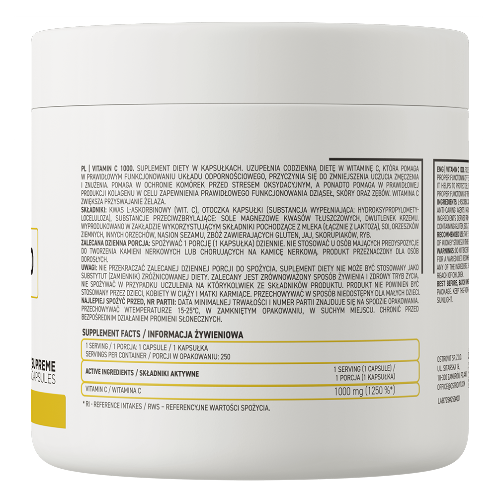 OstroVit C-vitamin 1000 mg, 250 kapszula, Vitamin C, összetevők és adagolási információk