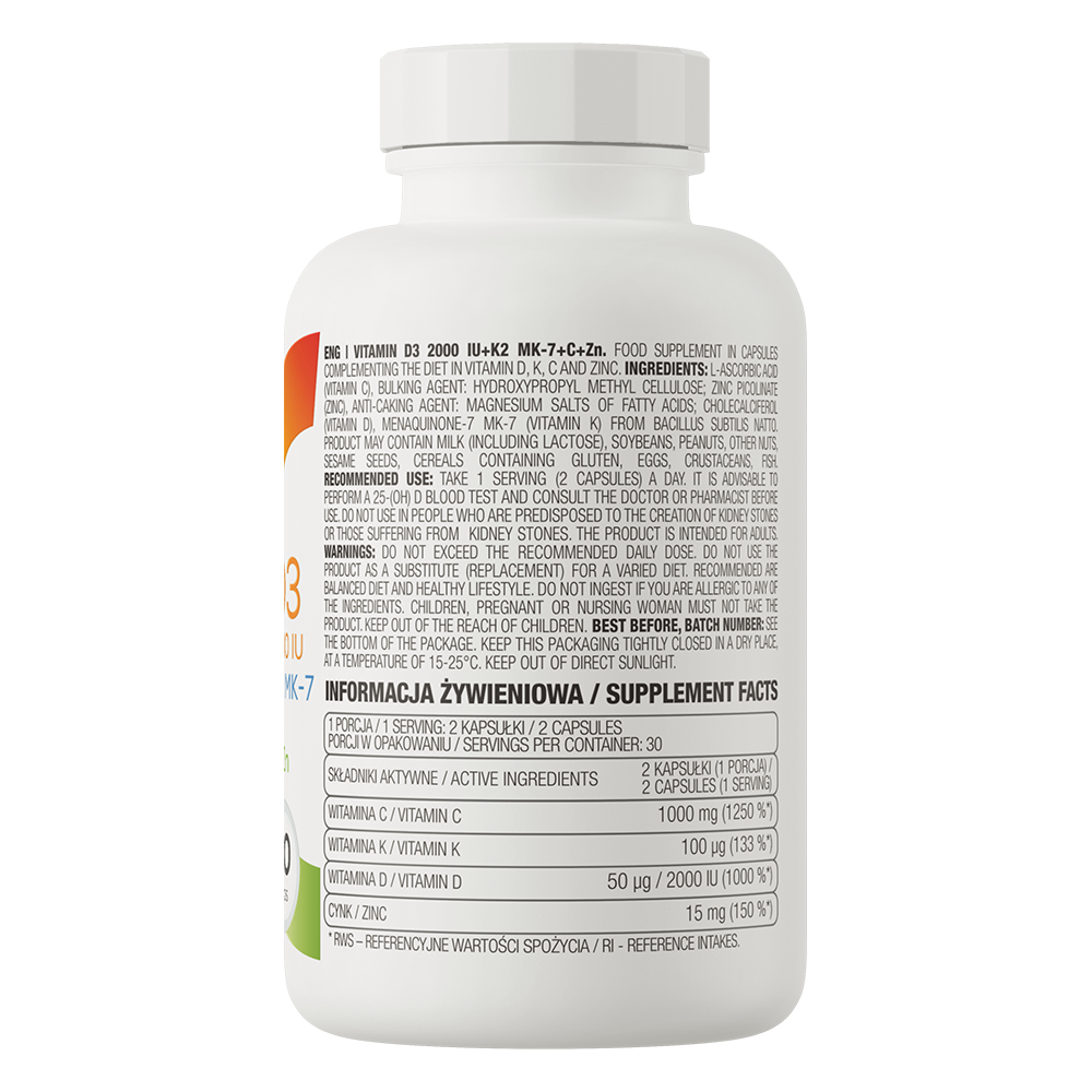 OstroVit D3 + K2 MK-7 + C-vitamin + Cink, 60 kapszula, összetevők és adagolási információk