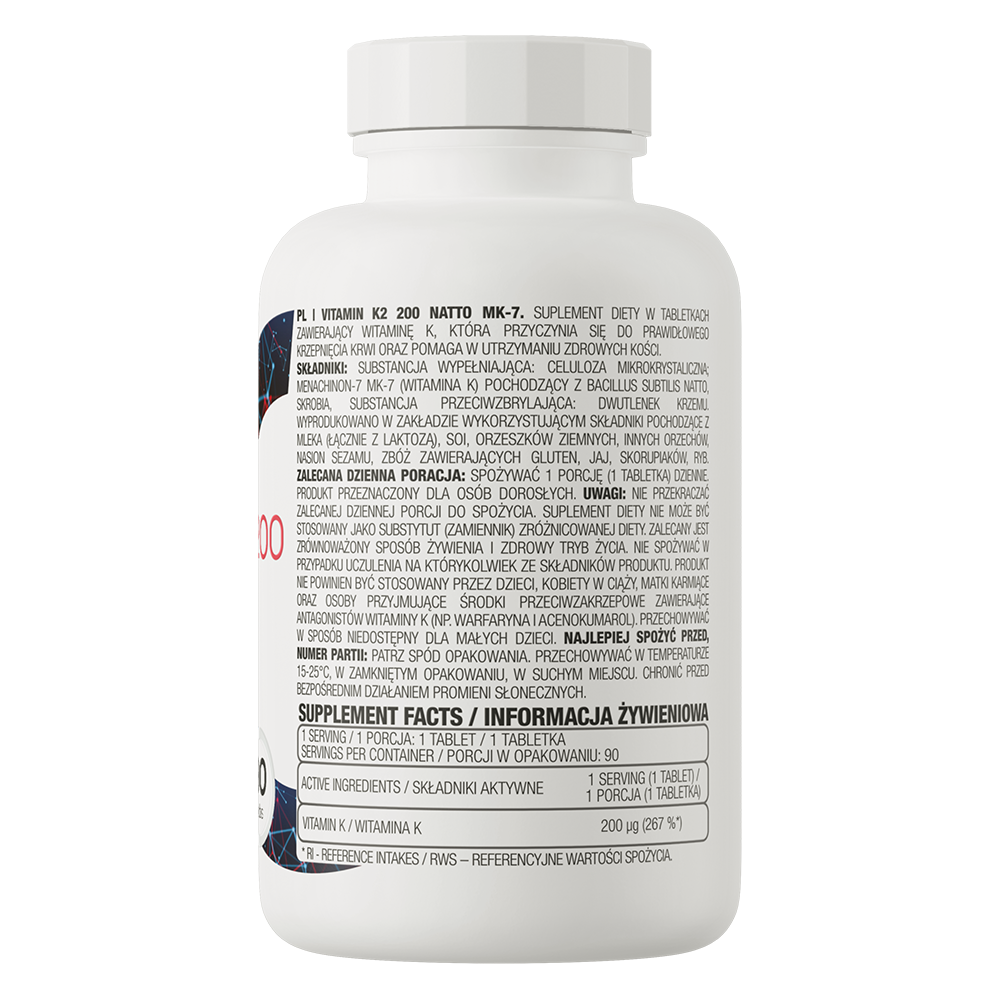 OstroVit K2-vitamin MK-7 Natto 200 µg, 90 tabletta, Vitamin K2 MK-7, összetevők és adagolási információk