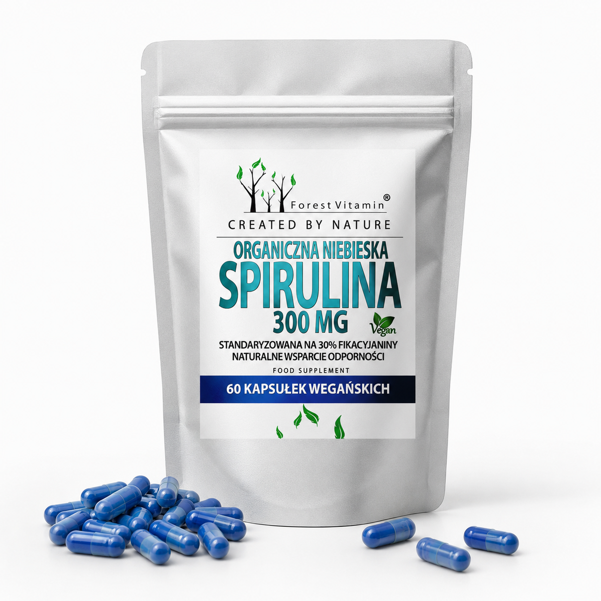Forest Vitamin Organikus kék spirulina 300 mg 60 kapszula, tasak kék kapszulákkal