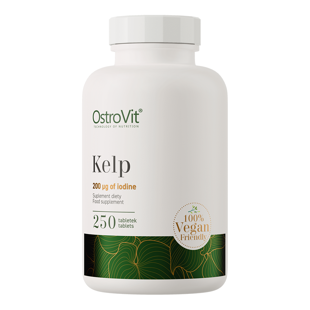 OstroVit Kelp barna alga, jódtartalmú, 250 vegán tabletta, elülső csomagolás
