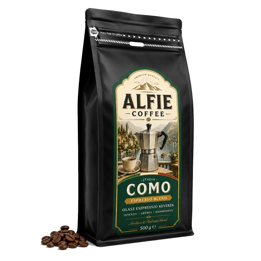 ALFIE COFFEE Italia Como szemes kávé, 500 g, csomagolás