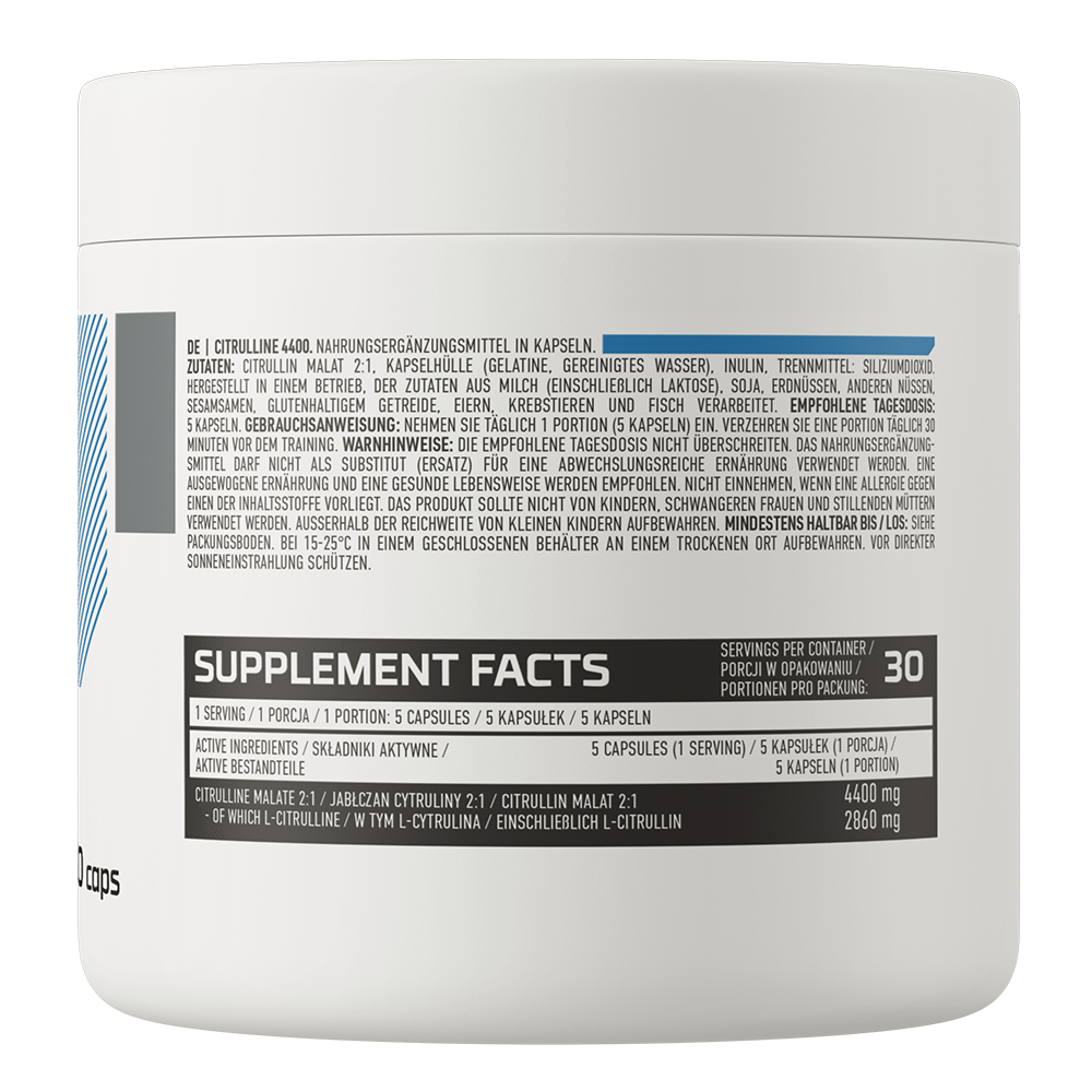 OstroVit L-citrullin-malát 4400 mg, 120 kapszula, L-Citrulline Malate, hátoldali címke és termékinformációk