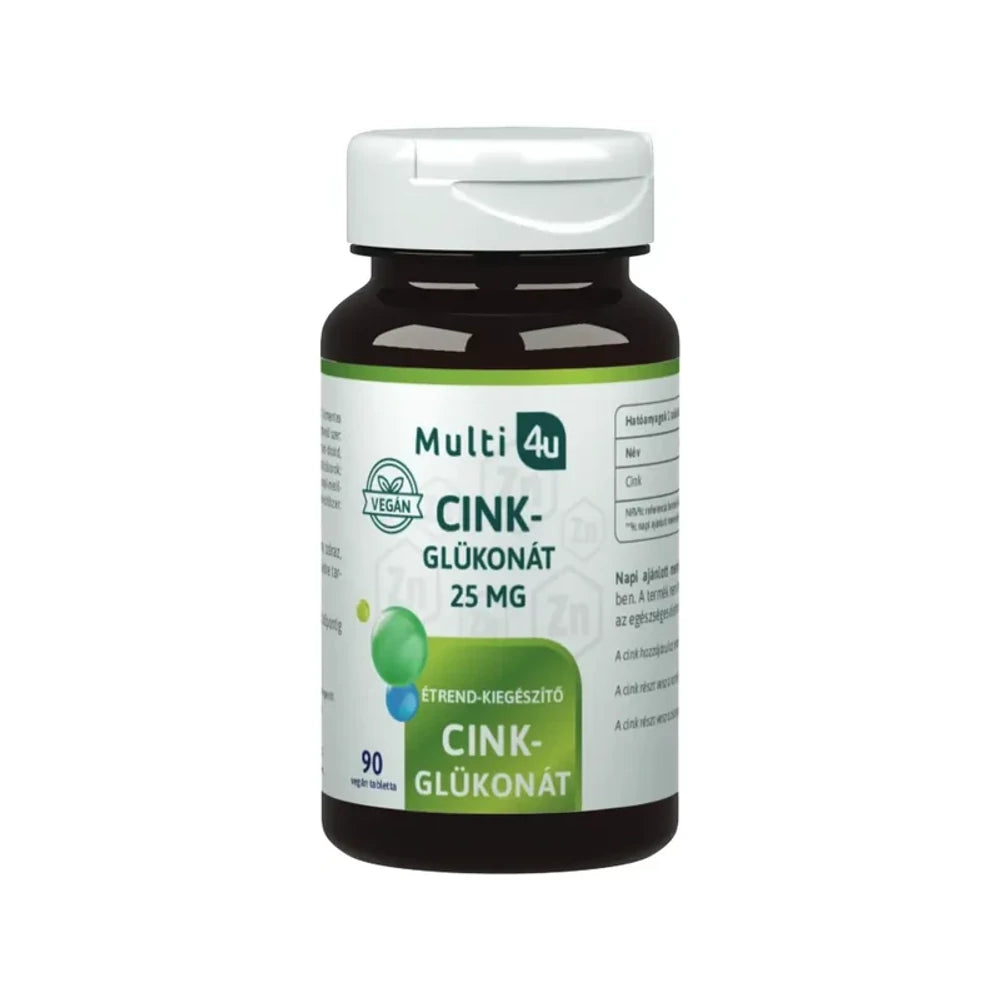 Multi 4U Zinc Gluconate, Cink-glükonát vegán tabletta, 90 tabletta, elülső csomagolás