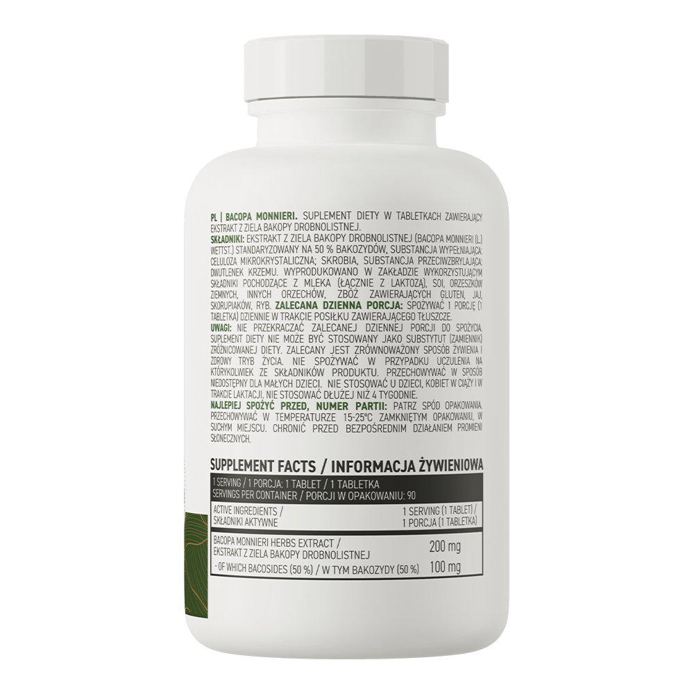 OstroVit Bacopa Monnieri brahmi 200 mg, 90 tabletta, hátoldali címke és termékinformációk