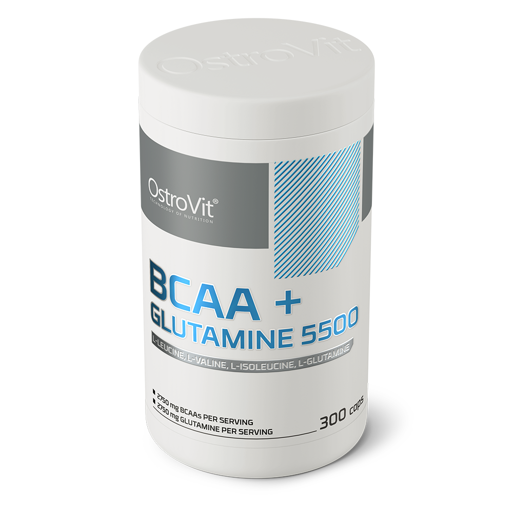 OstroVit BCAA + Glutamin 5500 mg, 300 kapszula, BCAA + L-Glutamine, hátoldali címke és termékinformációk