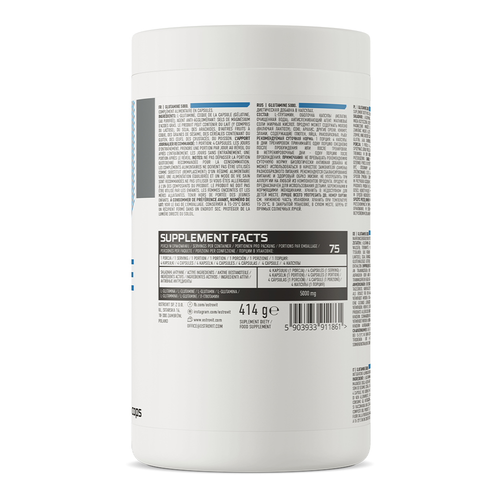 OstroVit L-glutamin 5000 mg, 300 kapszula, L-Glutamine, összetevők, tápértékadatok és adagolás