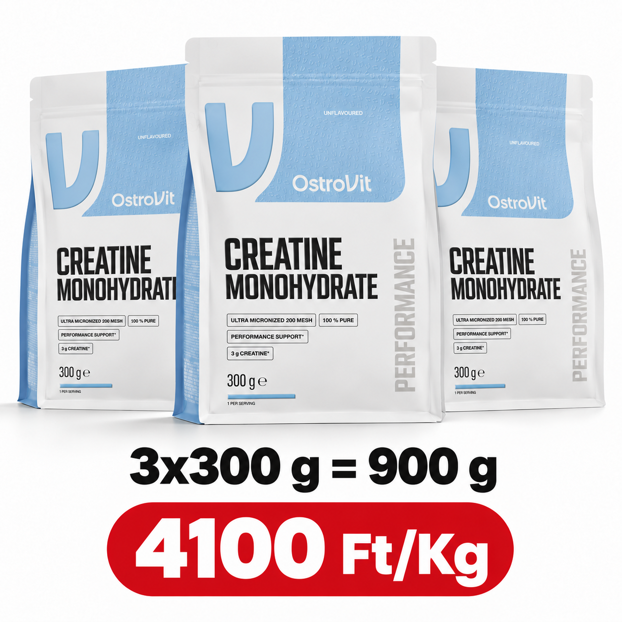 OstroVit kreatin-monohidrát csomagajánlat – 3 × 300 g = 900 g, 4100 Ft/kg