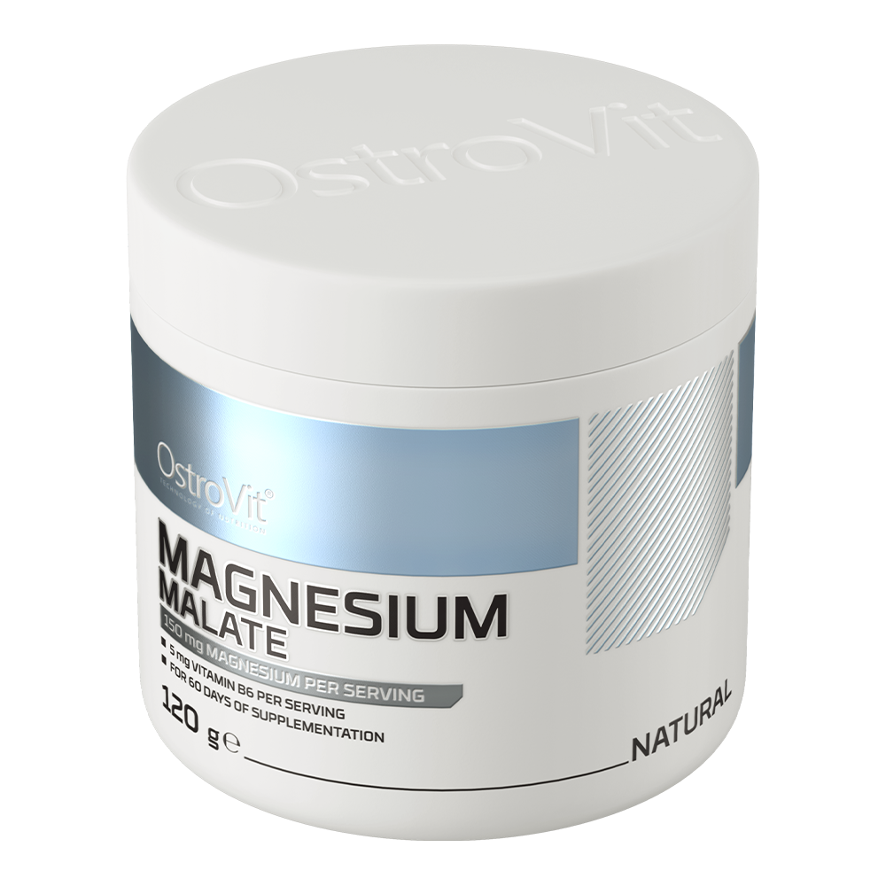OstroVit Magnézium-malát por, Ízesítetlen, 120 g, Magnesium Malate, hátoldali címke és termékinformációk