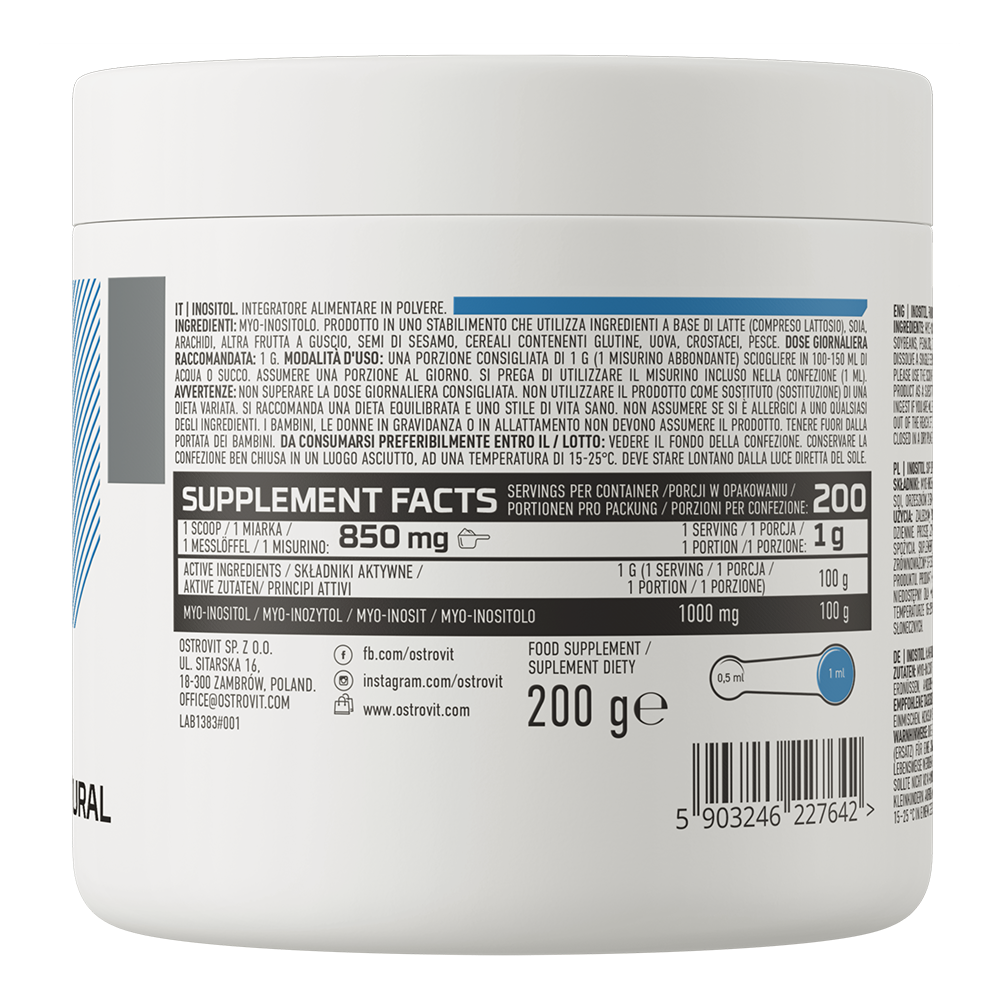 OstroVit Myo-inositol por, 200 g, 100% Mio-inozitol, összetevők, tápértékadatok és adagolás