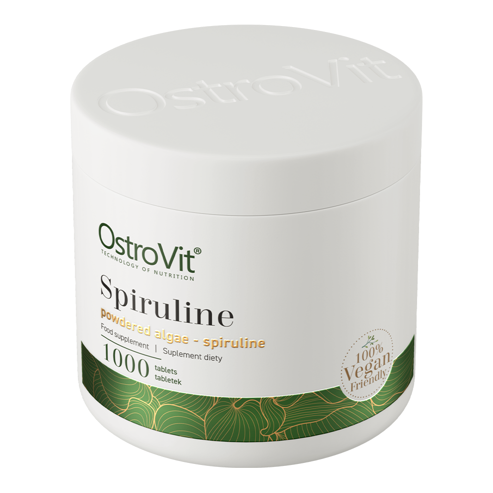 OstroVit Spirulina vegán, 1000 tabletta, hátoldali címke és termékinformációk
