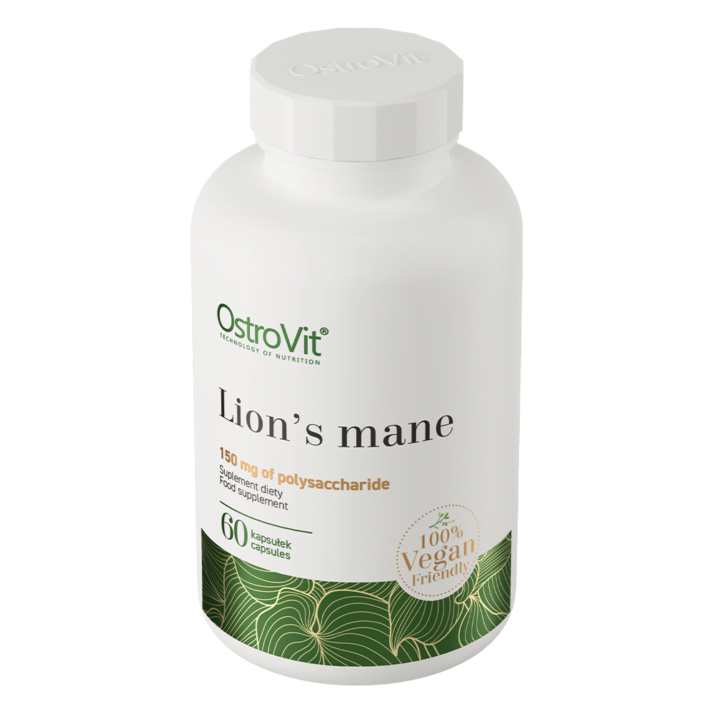 OstroVit Süngomba kivonat 1000 mg vegán, 60 kapszula, Lion's Mane, hátoldali címke és termékinformációk
