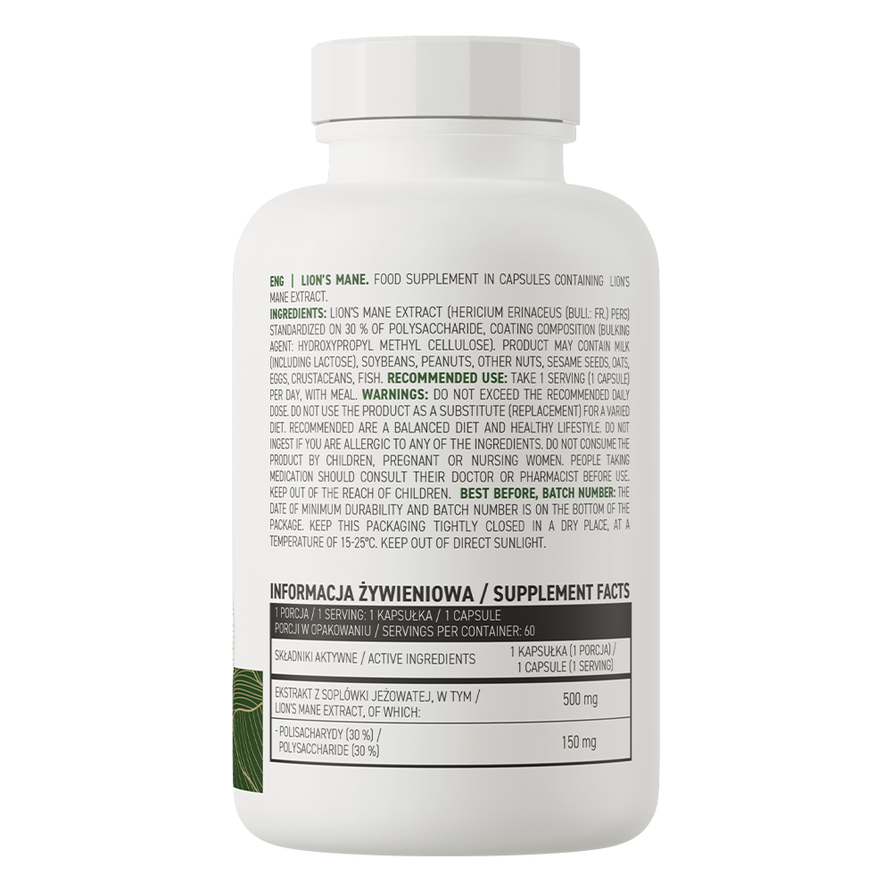OstroVit Süngomba kivonat 1000 mg vegán, 60 kapszula, Lion's Mane, összetevők és adagolási információk