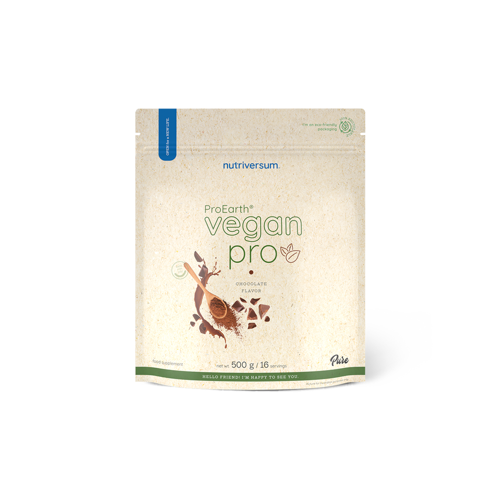 Nutriversum Vegan Pro ProEarth® vegán fehérjepor, csokoládé változat, 500 g, elülső csomagolás
