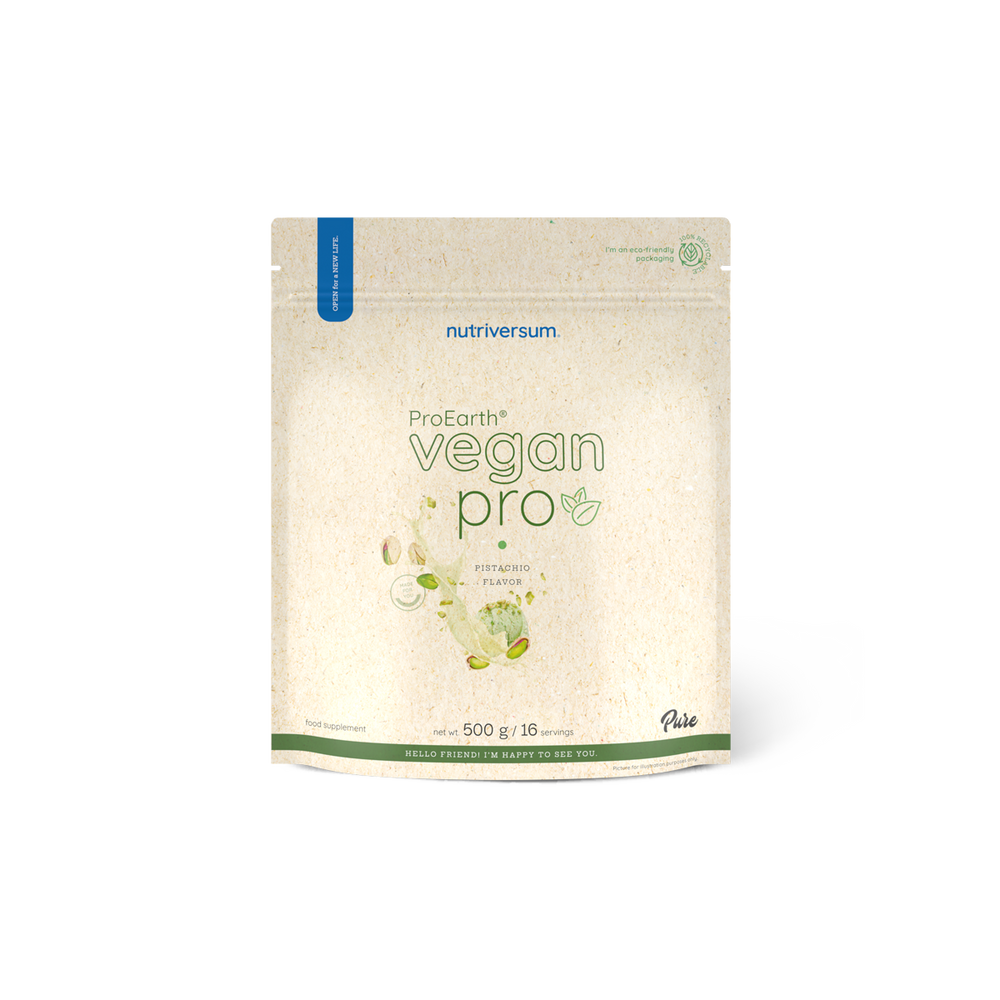 Nutriversum Vegan Pro ProEarth® vegán fehérjepor, pisztácia változat, 500 g, elülső csomagolás