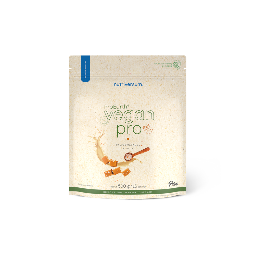 Nutriversum Vegan Pro ProEarth® vegán fehérjepor, sós karamell változat, 500 g, elülső csomagolás