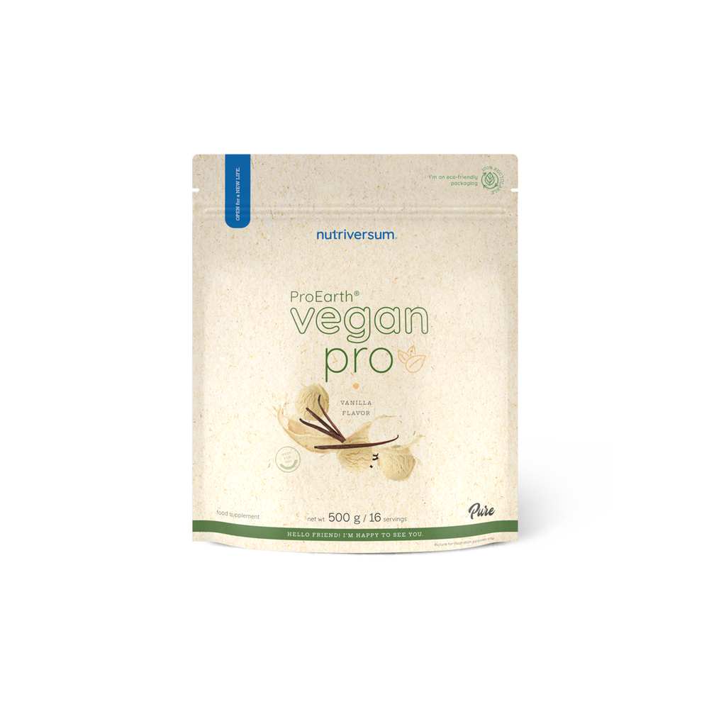 Nutriversum Vegan Pro ProEarth® vegán fehérjepor, vanília változat, 500 g, elülső csomagolás